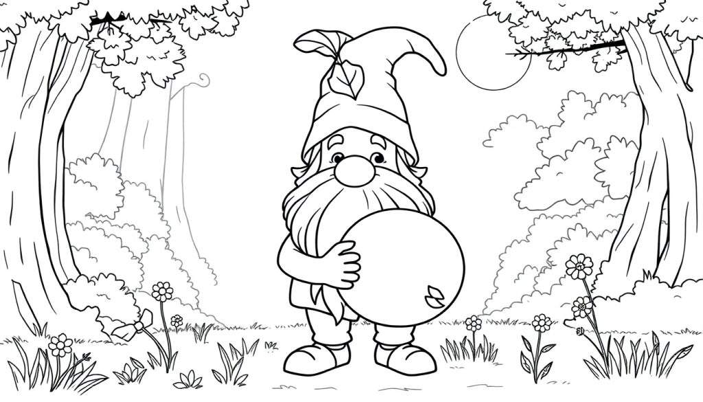 A cute gnome with a pointy hat and a long beard holding a mushroom, in a forest clearing, ready for a color panel.