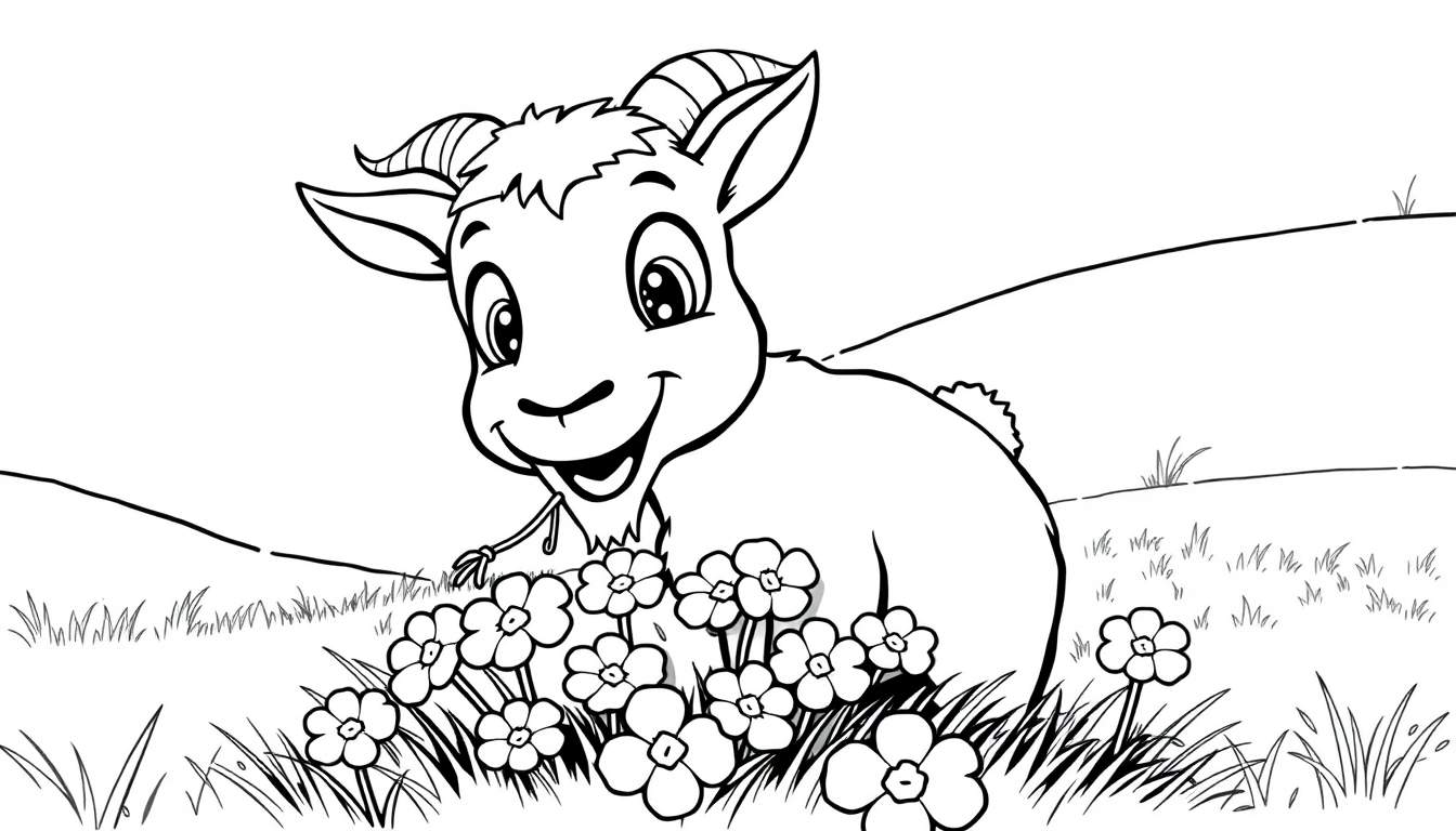 A happy goat with small horns smiles in a field of flowers and grass, ready for a color panel drawing.