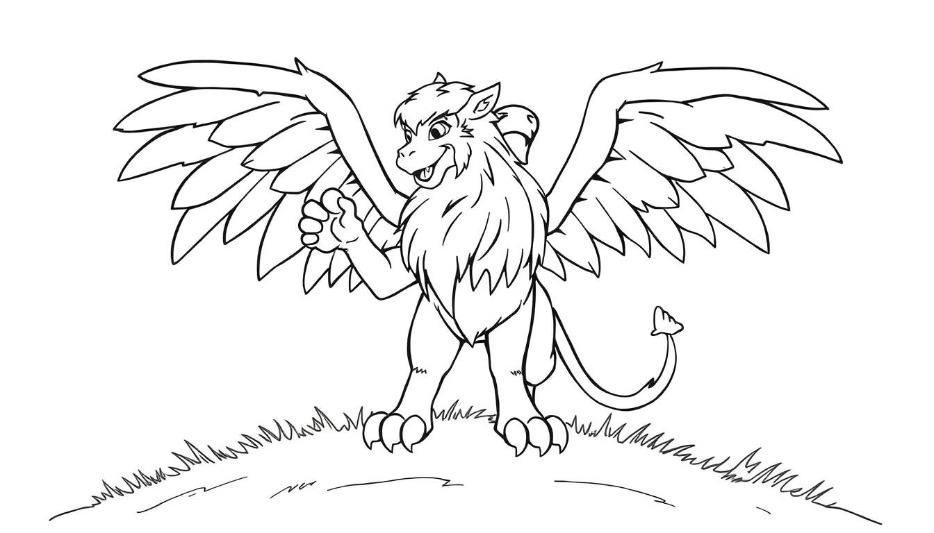 A friendly griffin, ready for coloring in this black and white outline color panel.