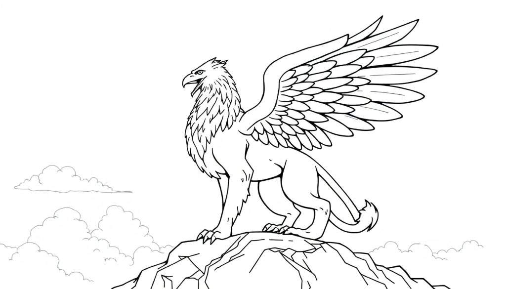 A majestic griffin, half lion and half eagle, spread its wings on a rocky outcrop, ready for its color panel adventure.