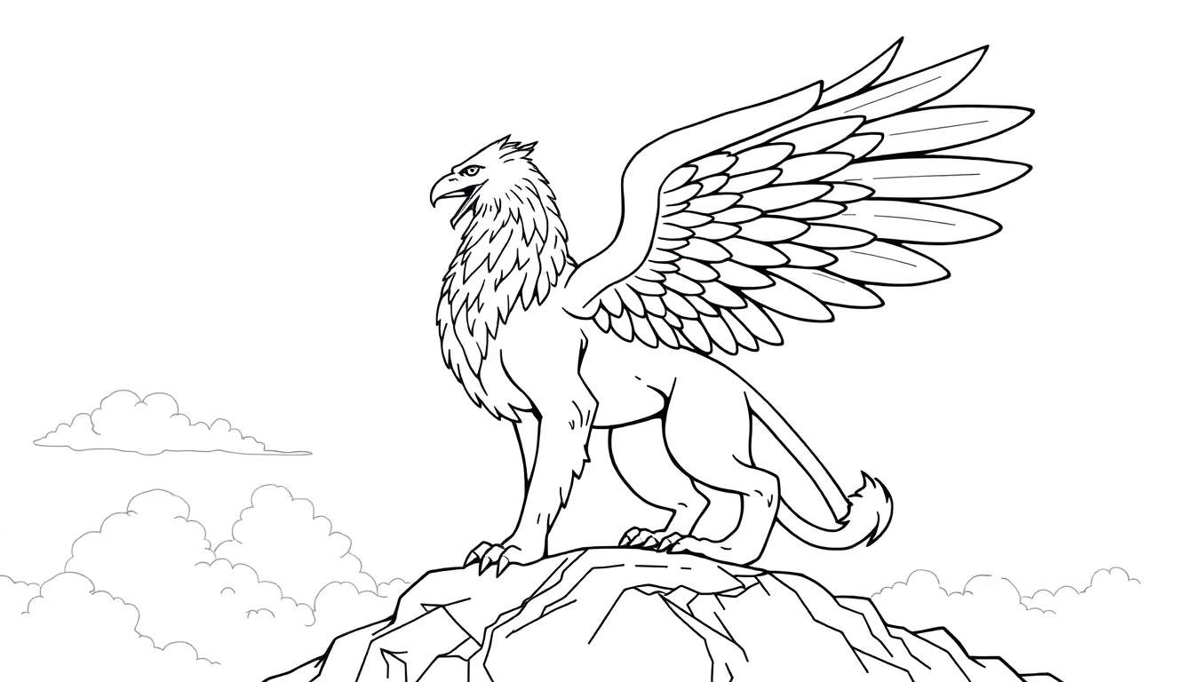 A majestic griffin, half lion and half eagle, spread its wings on a rocky outcrop, ready for its color panel adventure.