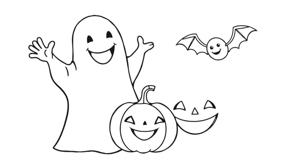 A friendly black and white ghost, smiling pumpkin, and a happy bat in a cartoon style color panel.