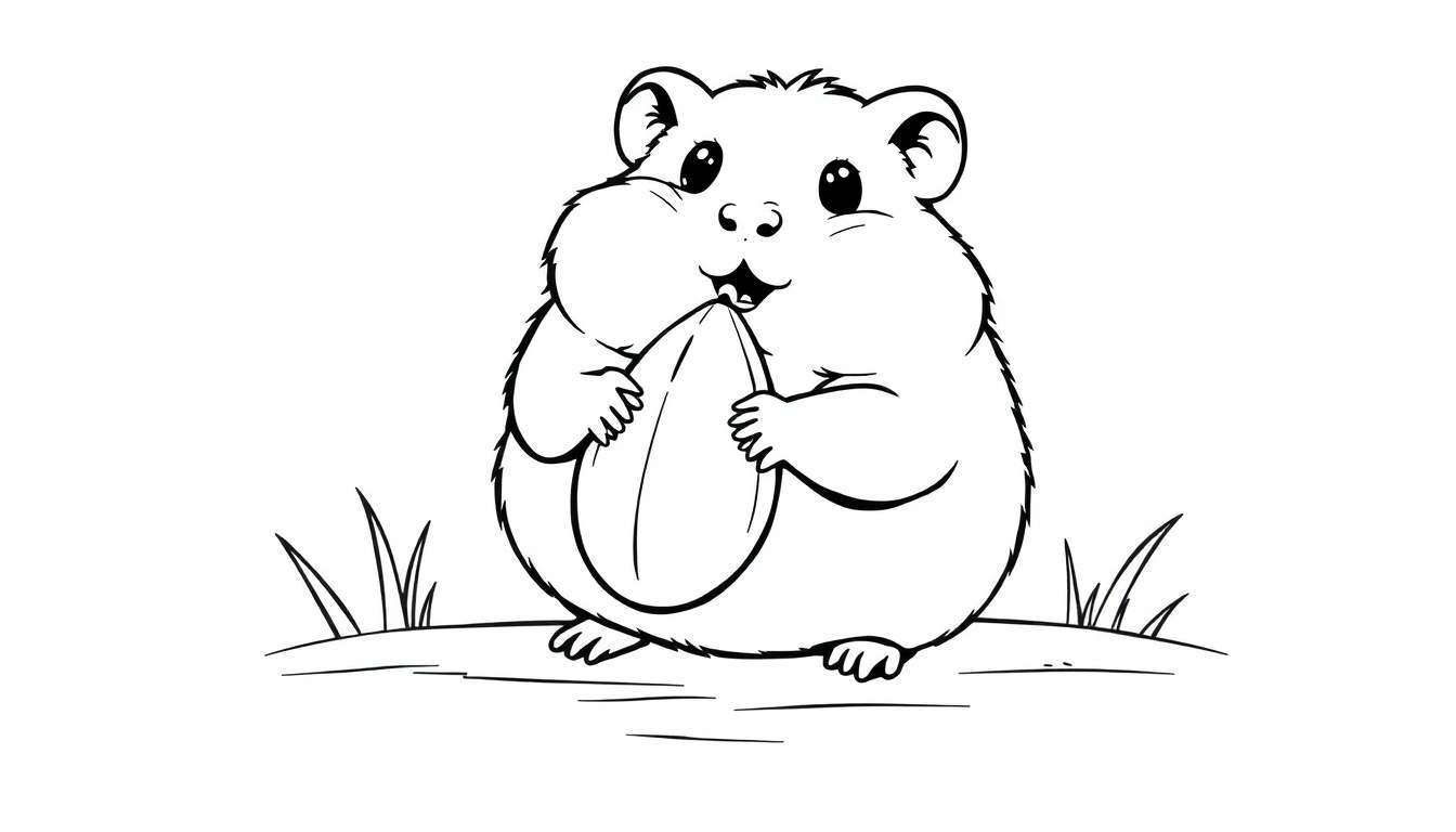 A black and white line art drawing of a chubby hamster holding a large seed, ready for coloring in a color panel.