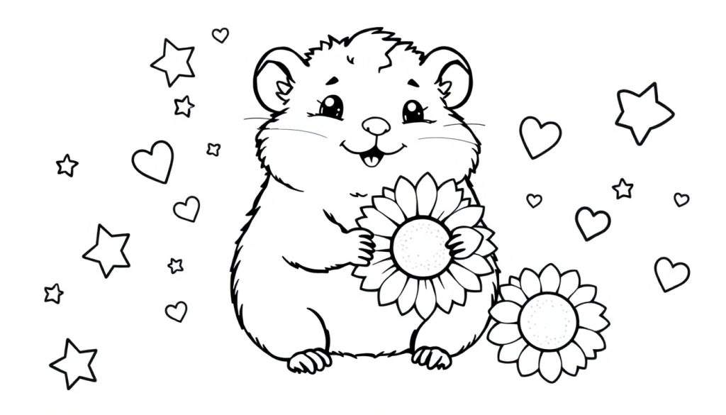 A cute cartoon hamster holding a sunflower seed, with stars and hearts around it, ready for a color panel.
