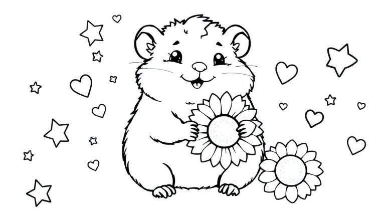 A cute cartoon hamster holding a sunflower seed, with stars and hearts around it, ready for a color panel.