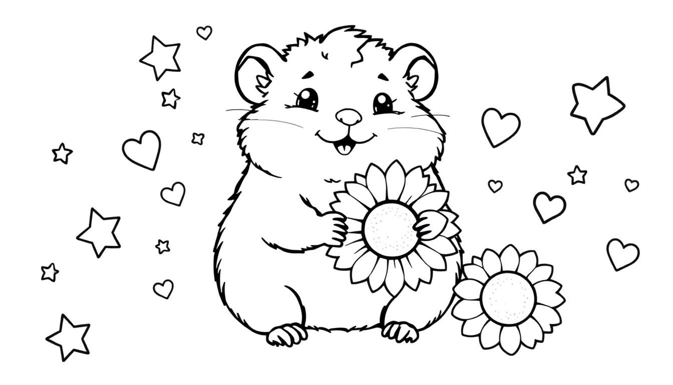 A cute cartoon hamster holding a sunflower seed, with stars and hearts around it, ready for a color panel.