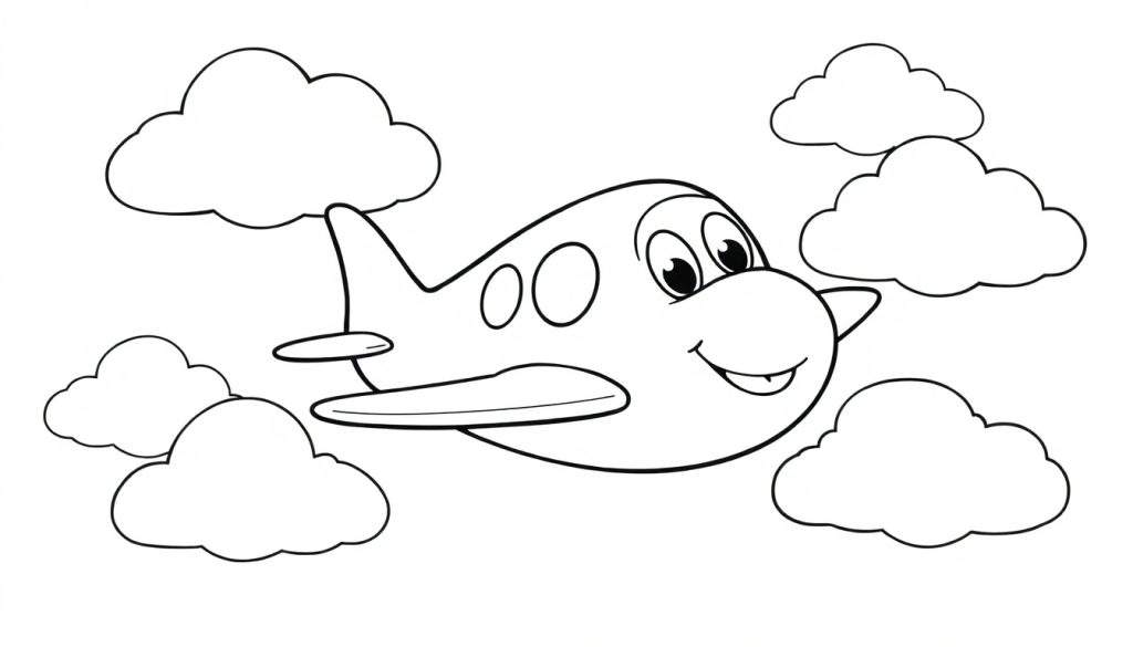A black and white cartoon airplane with a big smile and friendly eyes, flying through fluffy clouds, presented as a color panel for kids.