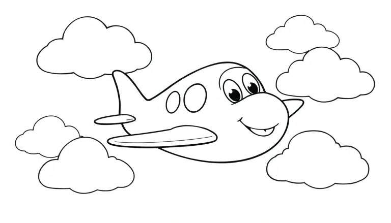 A black and white cartoon airplane with a big smile and friendly eyes, flying through fluffy clouds, presented as a color panel for kids.