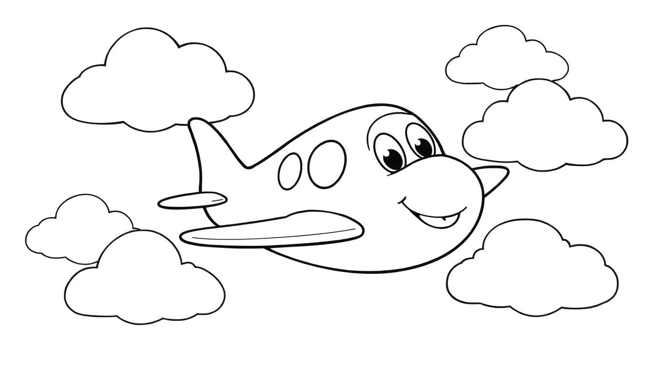 A black and white cartoon airplane with a big smile and friendly eyes, flying through fluffy clouds, presented as a color panel for kids.
