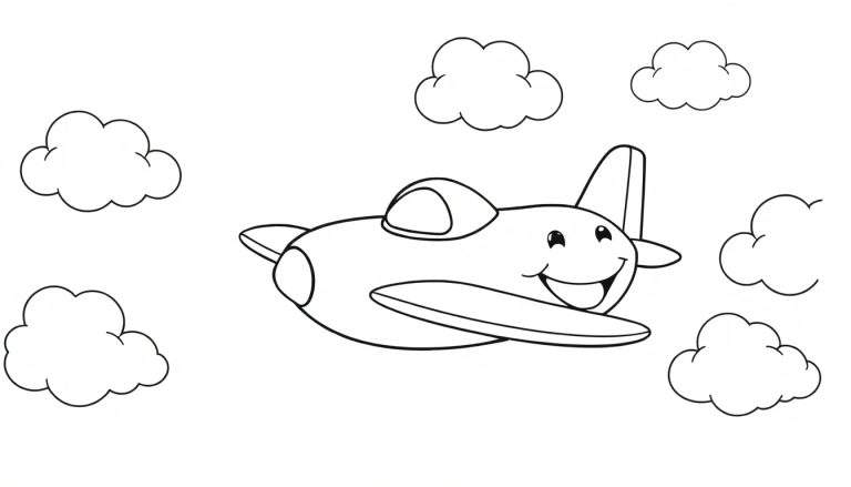 A smiling cartoon airplane, a black and white color panel, flying through clouds.