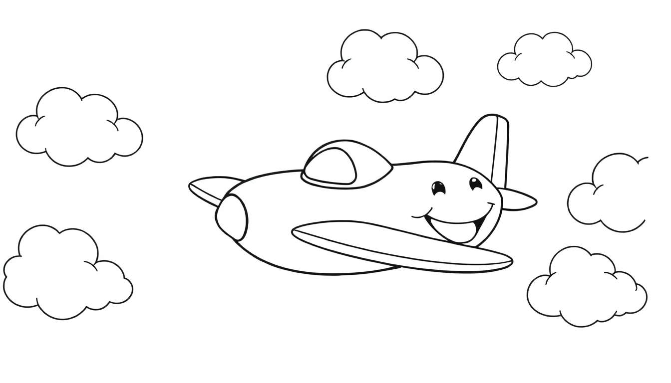 A smiling cartoon airplane, a black and white color panel, flying through clouds.