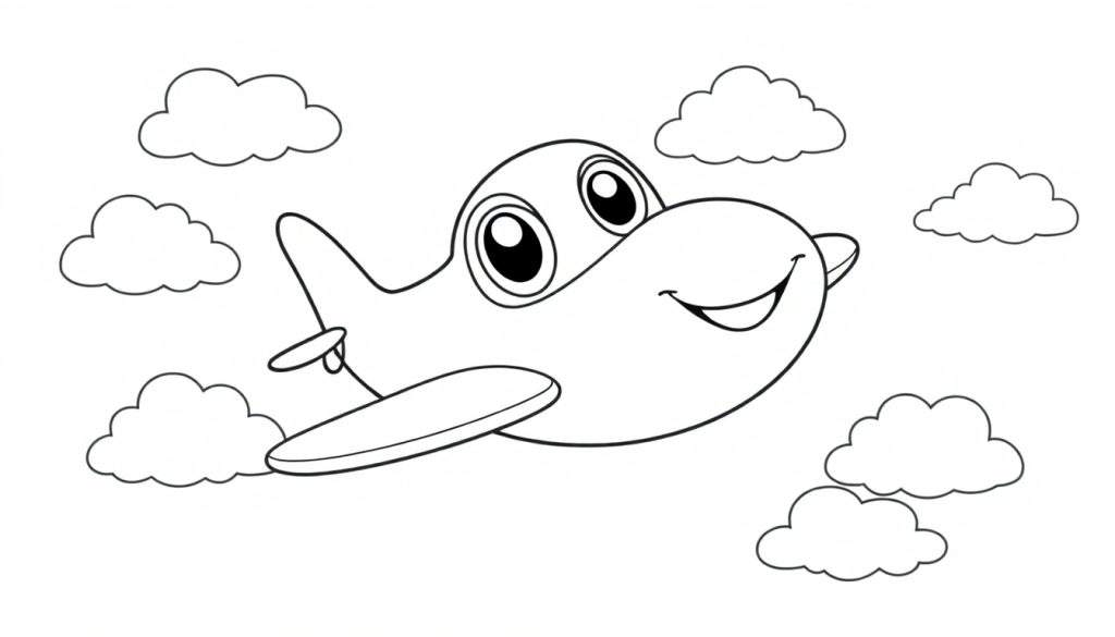 A friendly cartoon airplane, a black and white color panel, flying through puffy clouds.