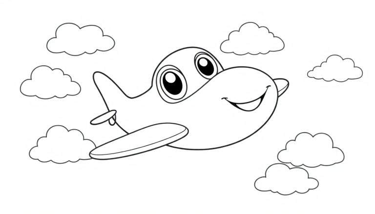 A friendly cartoon airplane, a black and white color panel, flying through puffy clouds.