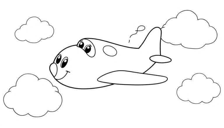 A smiling cartoon airplane with big eyes flying through fluffy clouds, a simple black and white outline for a color panel.