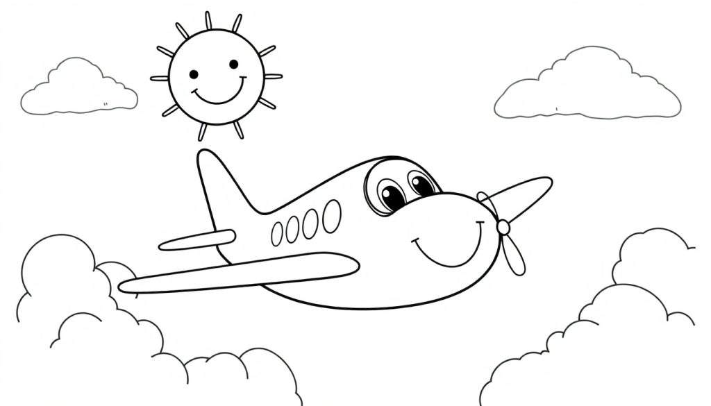 A friendly cartoon airplane with a smiling face flying through clouds, ready for a color panel adventure.