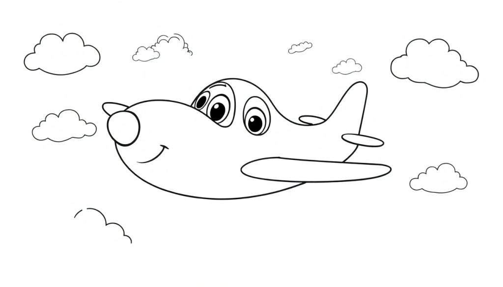 A friendly cartoon airplane, perfect for a color panel, with a big smile and happy eyes, flying through fluffy clouds. Black and white line art for coloring.