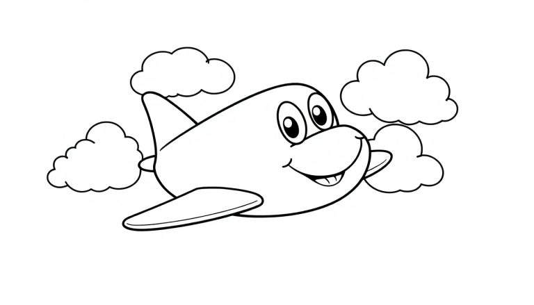 A happy cartoon airplane with a smiling face flying through fluffy clouds. This is a black and white line art color panel.