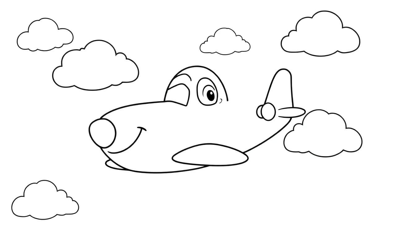 A happy cartoon airplane with a smiling face and winking eye, flying through fluffy clouds. This is a black and white line art color panel for kids to color.