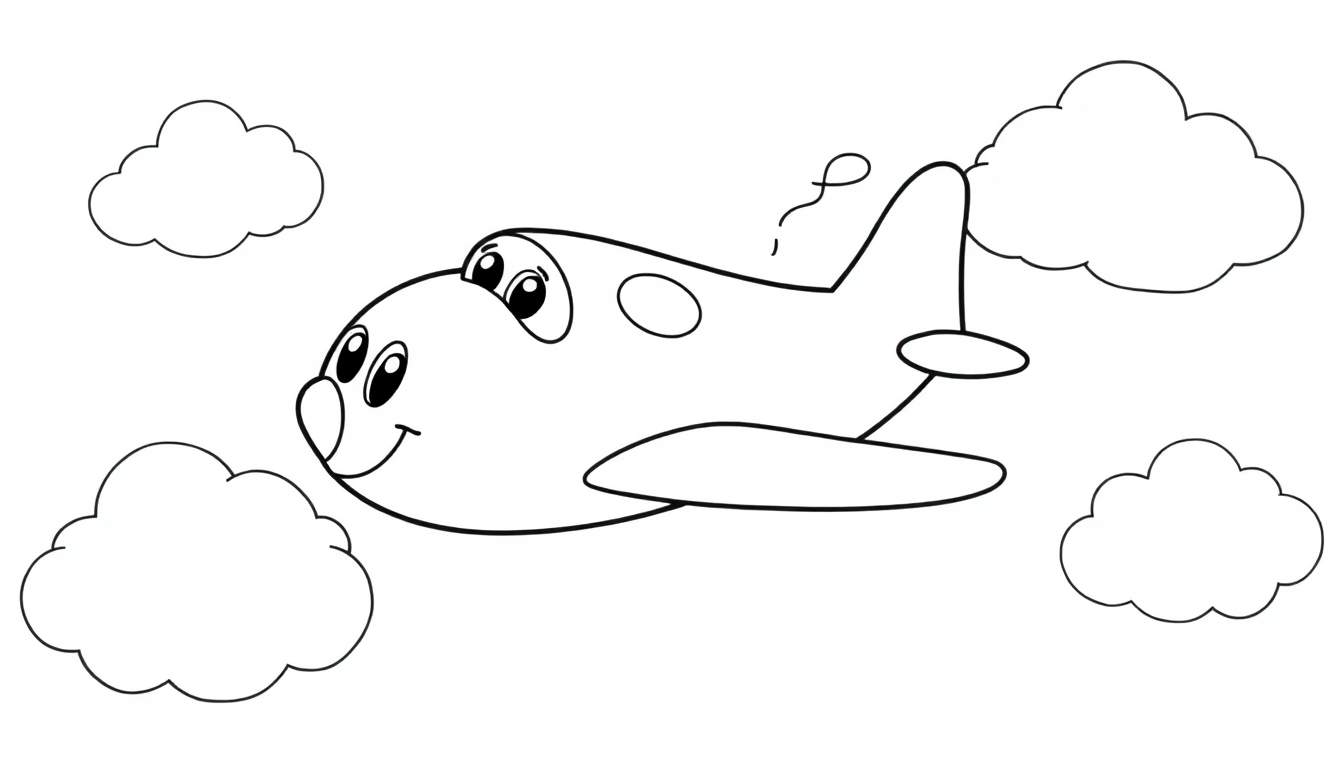 A smiling cartoon airplane with big eyes flying through fluffy clouds, a simple black and white outline for a color panel.