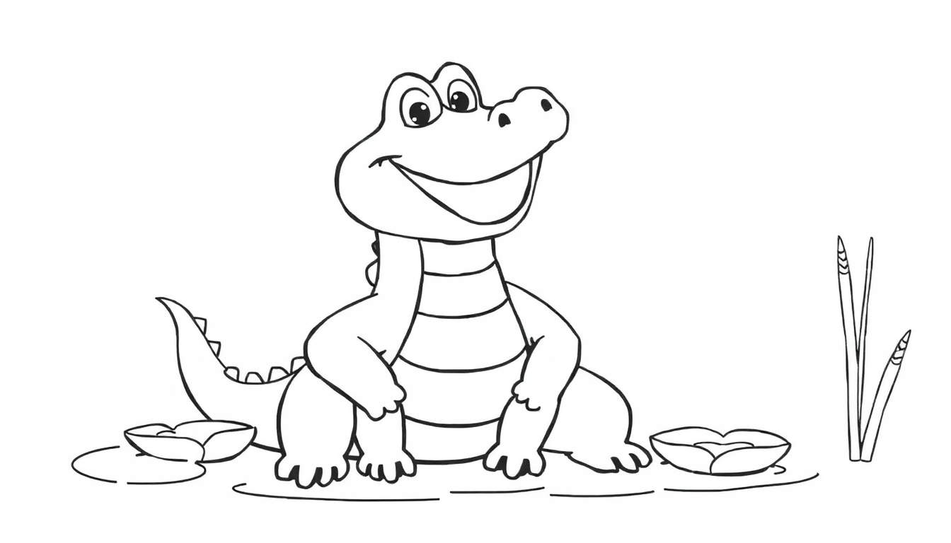 A friendly cartoon alligator in a black and white color panel, smiling.
