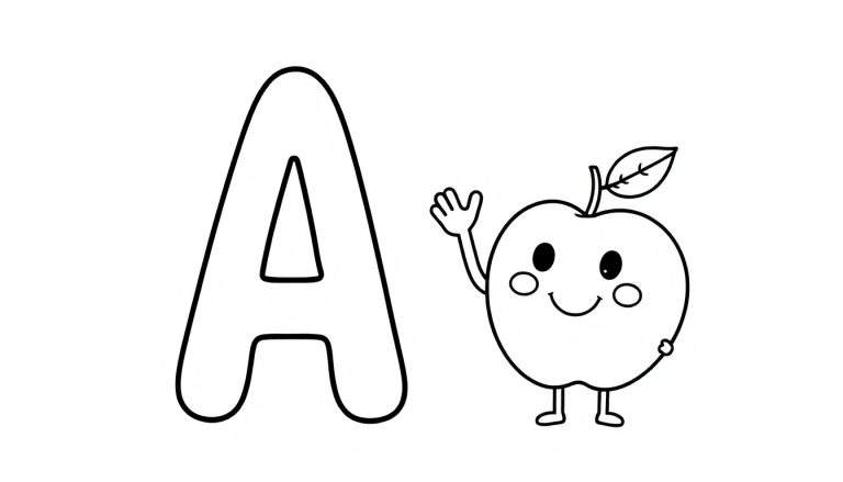 A black and white outline drawing for a color panel, featuring a big letter 'A' and a smiling apple character waving.