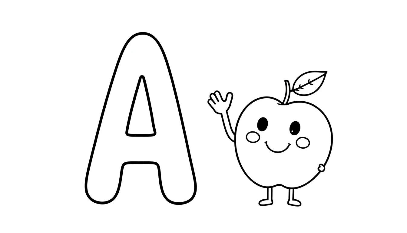 A black and white outline drawing for a color panel, featuring a big letter 'A' and a smiling apple character waving.