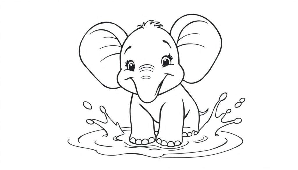 A cute baby elephant with big ears splashing happily in a puddle, drawn as a black and white line art for a color panel.