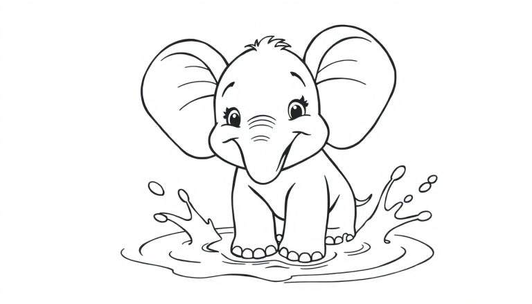 A cute baby elephant with big ears splashing happily in a puddle, drawn as a black and white line art for a color panel.