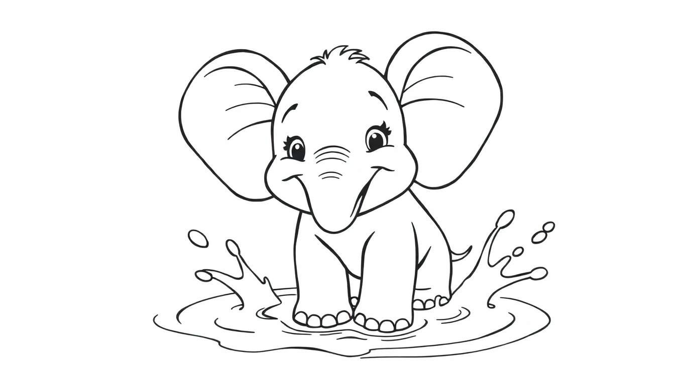 A cute baby elephant with big ears splashing happily in a puddle, drawn as a black and white line art for a color panel.