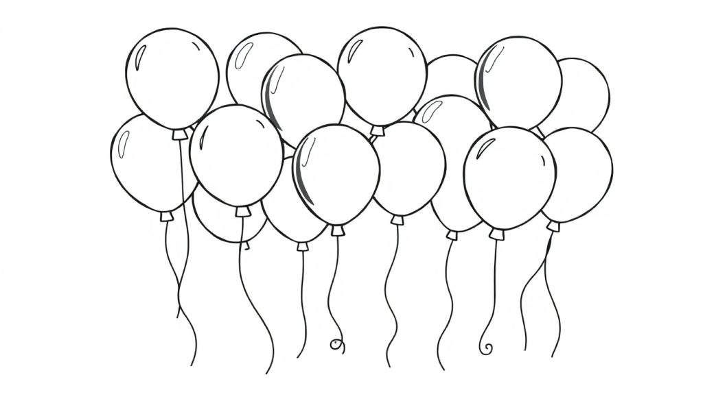 A black and white coloring page color panel featuring a dense cluster of happy, floating balloons.