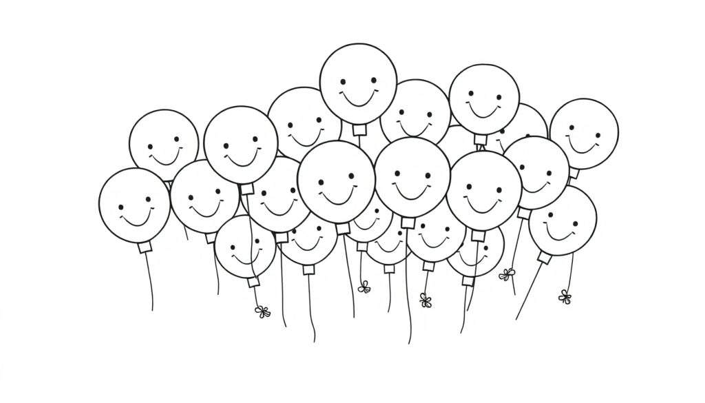 A cute black and white coloring page of happy balloons floating up, a delightful color panel for kids.