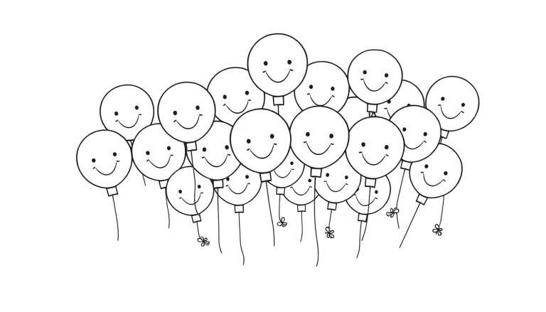 A cute black and white coloring page of happy balloons floating up, a delightful color panel for kids.