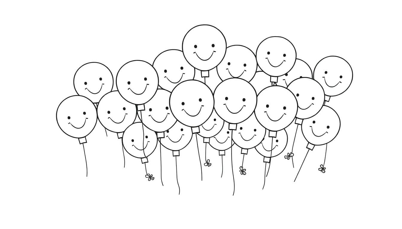 A cute black and white coloring page of happy balloons floating up, a delightful color panel for kids.