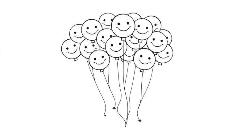 A coloring page color panel of happy balloons with faces.