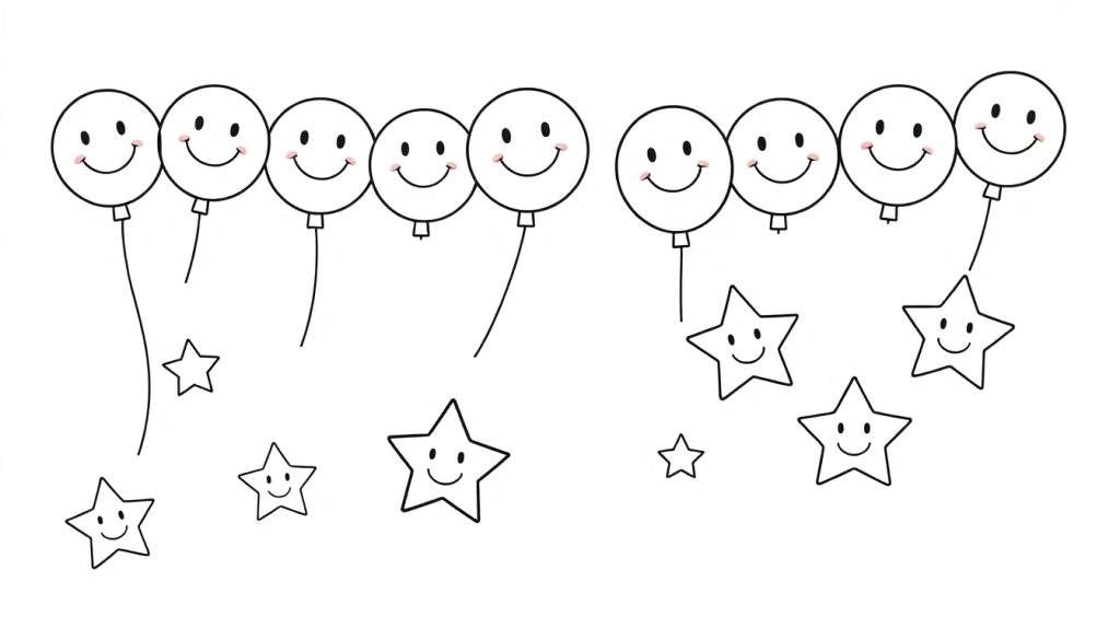 A black and white color panel of smiling balloons and stars on strings, perfect for coloring.