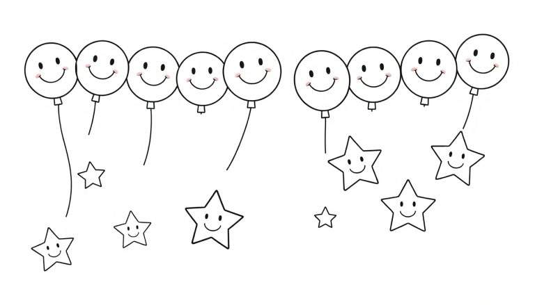 A black and white color panel of smiling balloons and stars on strings, perfect for coloring.