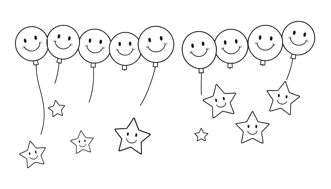 A black and white color panel of smiling balloons and stars on strings, perfect for coloring.