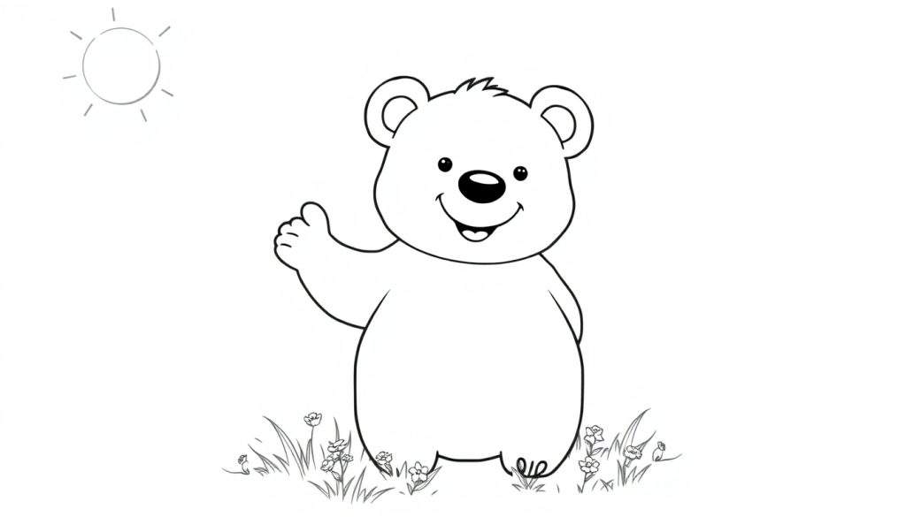 A friendly black and white bear drawing giving a thumbs-up, part of a color panel.