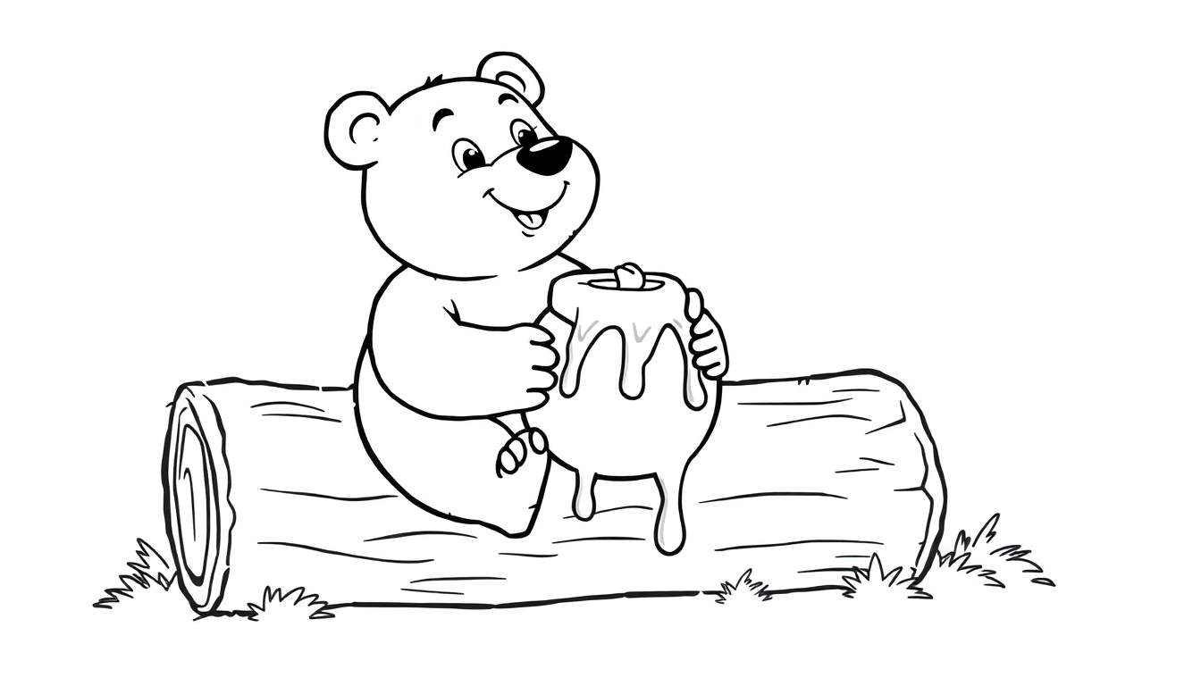 A black and white color panel showing a happy bear sitting on a log with a honey pot.