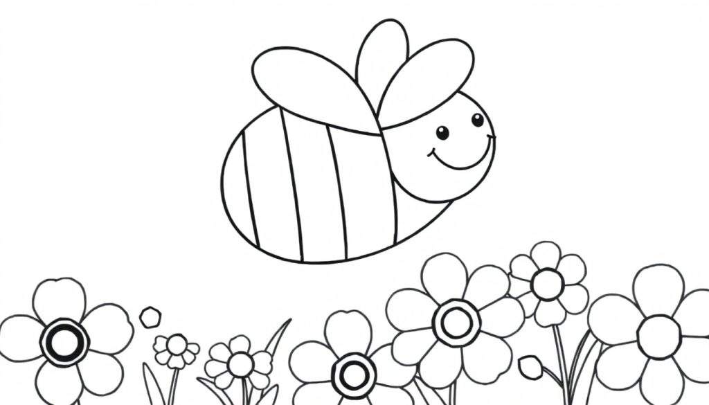 A black and white color panel showing a happy cartoon bee with stripes flying over a field of flowers. The bee has a smile, and the flowers are simple and stylized.