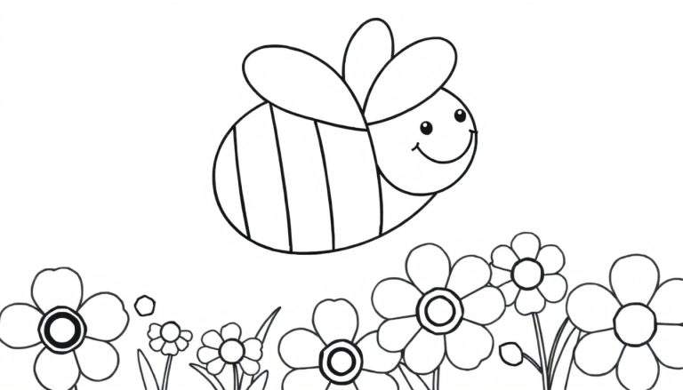 A black and white color panel showing a happy cartoon bee with stripes flying over a field of flowers. The bee has a smile, and the flowers are simple and stylized.