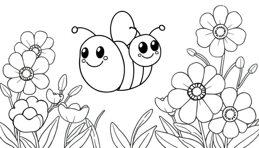 Two cute cartoon bees flying in a flower garden, ready for a color panel.