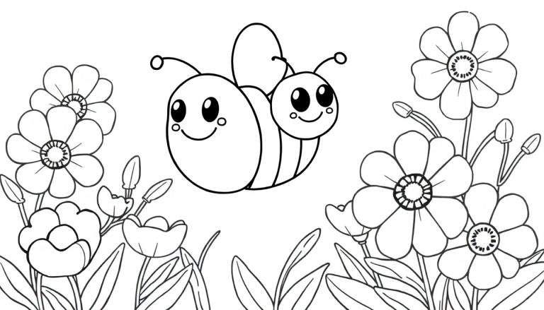 Two cute cartoon bees flying in a flower garden, ready for a color panel.