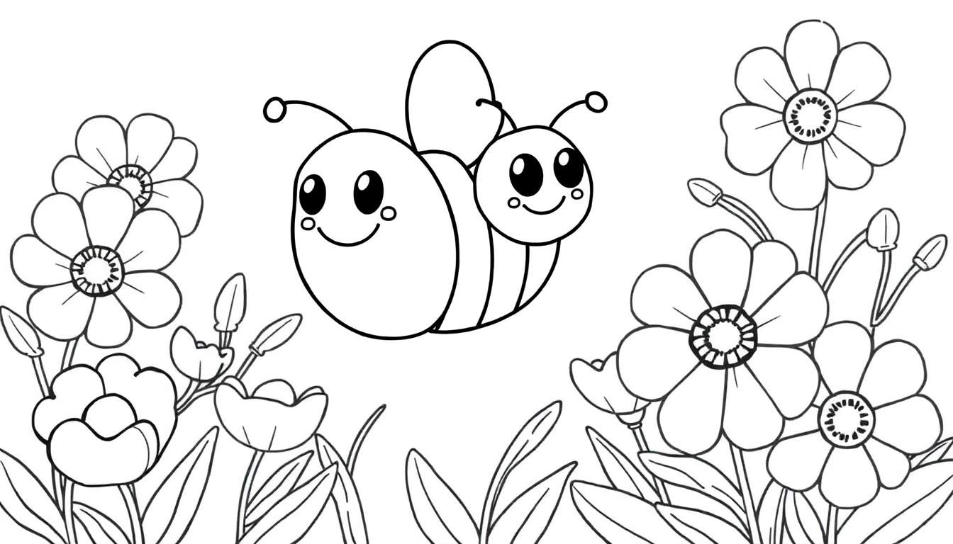 Two cute cartoon bees flying in a flower garden, ready for a color panel.