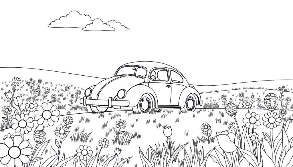 A happy little Volkswagen Beetle driving through a field of flowers, a black and white coloring panel.