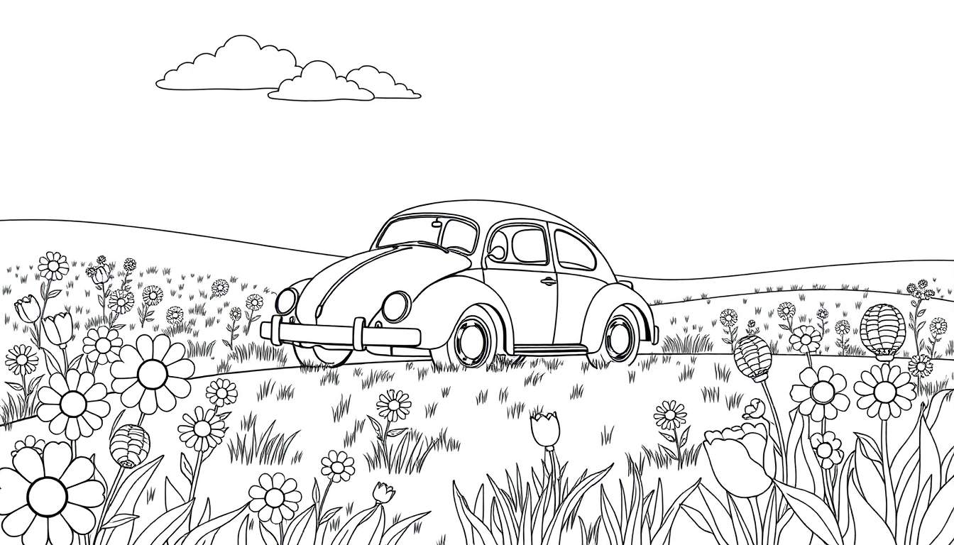 A happy little Volkswagen Beetle driving through a field of flowers, a black and white coloring panel.