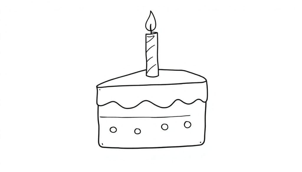 A simple line drawing of a birthday cake slice with a candle, ready to be colored in this color panel.