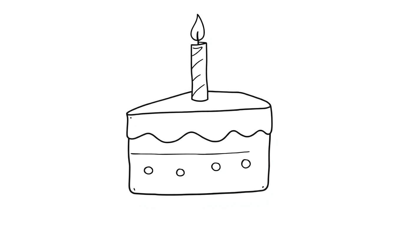 A simple line drawing of a birthday cake slice with a candle, ready to be colored in this color panel.