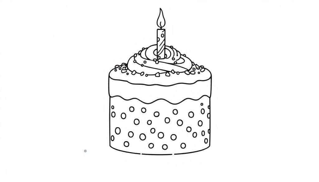 A black and white line drawing of a birthday cake with sprinkles, a candle, and a circle pattern, ready for coloring. This color panel is waiting for your artistic touch!