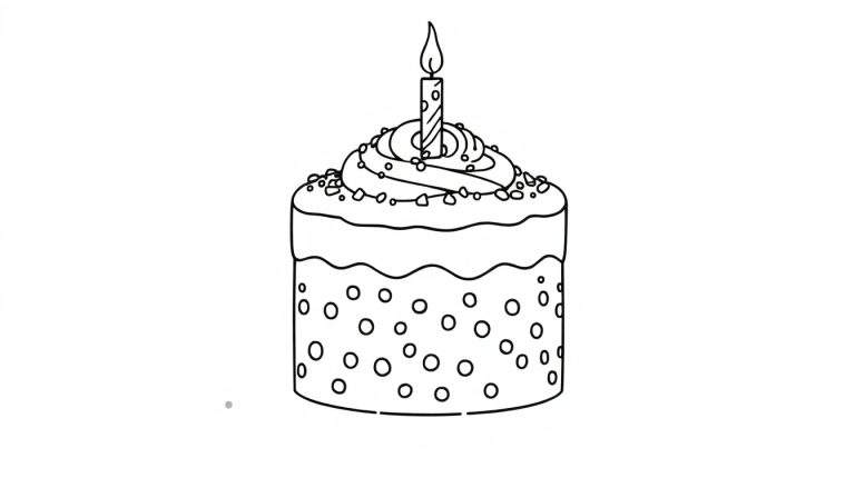 A black and white line drawing of a birthday cake with sprinkles, a candle, and a circle pattern, ready for coloring. This color panel is waiting for your artistic touch!